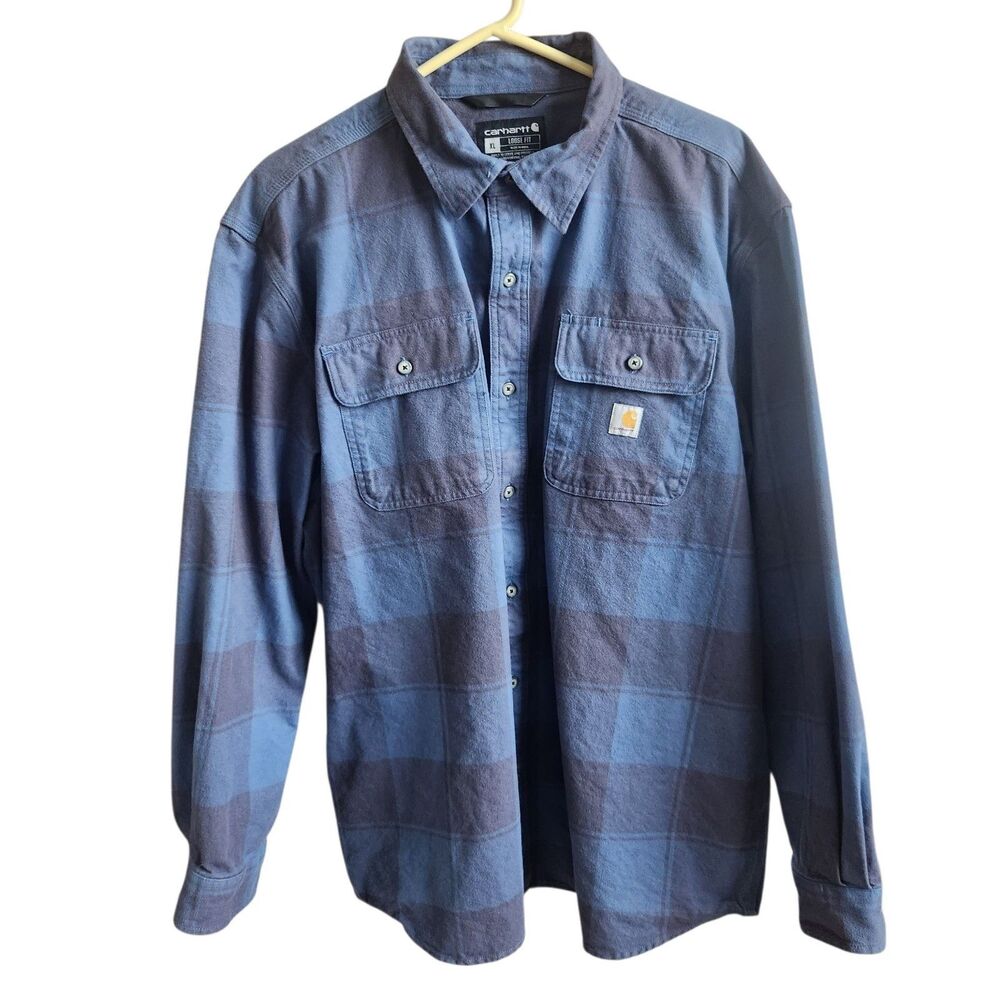 Carhartt Blue Plaid Flannel Shirt XL Loose Fit Heavy Weight Cotton Workwear Gorp